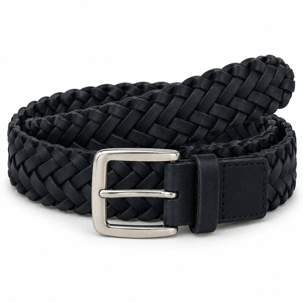 Club Room Mens Black Braided Faux Leather Belt Size Large 38-40 Classic Woven